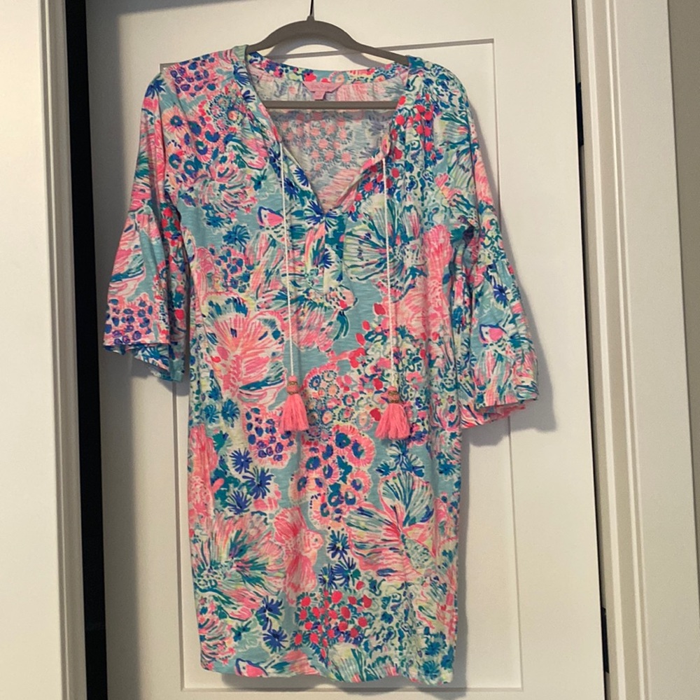 LILLY PULITZER Del Lago Tunic Dress Serene Blue Neon Bright Vaca Gyspea Small S
